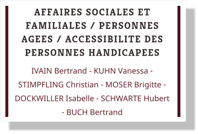 AFFAIRES SOCIALES ET FAMILIALES / PERSONNES AGEES / ACCESSIBILITE DES PERSONNES HANDICAPEES IVAIN Bertrand - KUHN Vanessa - STIMPFLING Christian - MOSER Brigitte - DOCKWILLER Isabelle - SCHWARTE Hubert - BUCH Bertrand