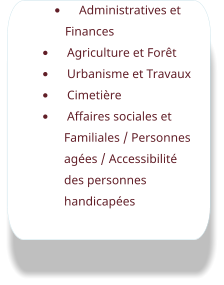 •	Administratives et Finances •	Agriculture et Forêt •	Urbanisme et Travaux •	Cimetière •	Affaires sociales et Familiales / Personnes agées / Accessibilité des personnes handicapées