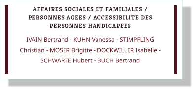AFFAIRES SOCIALES ET FAMILIALES / PERSONNES AGEES / ACCESSIBILITE DES PERSONNES HANDICAPEES IVAIN Bertrand - KUHN Vanessa - STIMPFLING Christian - MOSER Brigitte - DOCKWILLER Isabelle - SCHWARTE Hubert - BUCH Bertrand