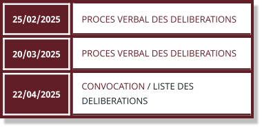 25/02/2025 PROCES VERBAL DES DELIBERATIONS  20/03/2025 PROCES VERBAL DES DELIBERATIONS  22/04/2025 CONVOCATION / LISTE DES DELIBERATIONS
